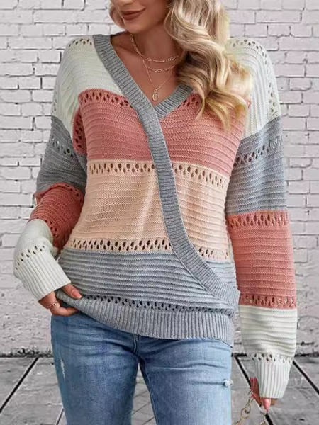 

Women Yarn/Wool Yarn Color Block Long Sleeve Comfy Casual Sweater, Pink, Sweaters