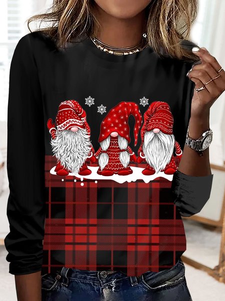 Christmas plaid and dwarf print long sleeved round neck casual women's T-shirt, Black, Long sleeves