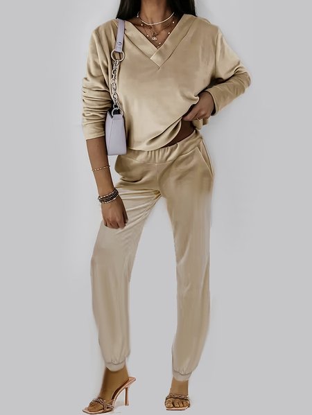 

Women Plain V Neck Long Sleeve Comfy Casual Top With Pants Two-Piece Set, Apricot, Sets