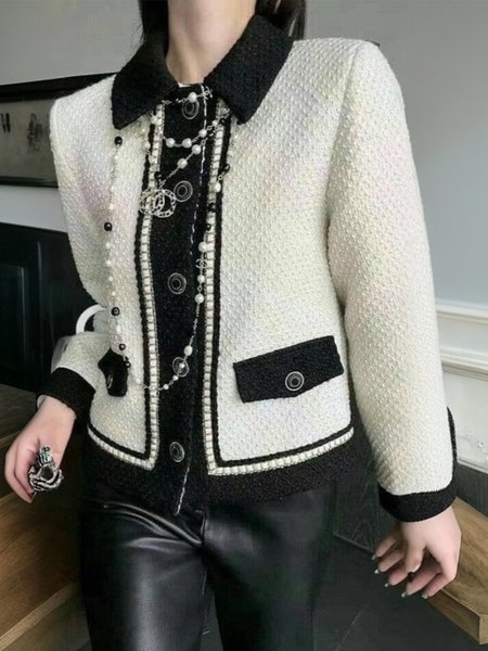 

Regular Fit Color Block Elegant Shawl Collar Jacket, Black-white, Jackets