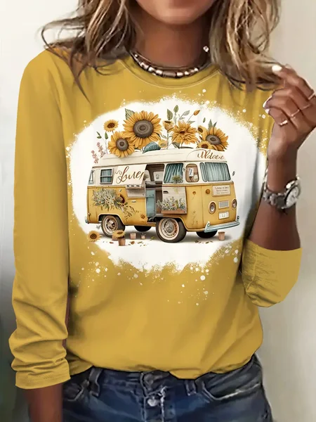 

Casual Sunflower Crew Neck Long Sleeve T-shirt, Yellow, T-shirts