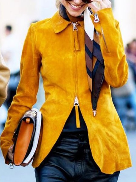 Urban Regular Sleeve Suede Regular Fit Faux Leather Coat, Yellow, Jackets
