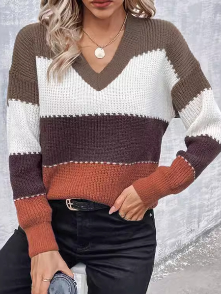 

Women Yarn/Wool Yarn Color Block Long Sleeve Comfy Casual Sweater, Deep brown, Sweaters