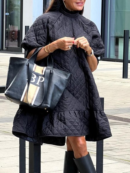 

Plus Size Plain Stand Collar Raglan Sleeve Urban Loose Dress, Black, Plus Dresses