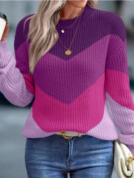

Women Yarn/Wool Yarn Color Block Long Sleeve Comfy Casual Sweater, Purple, Sweaters