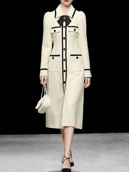 Regular Fit Elegant Shirt Collar Long Sleeve Regular Sleeve Mid-long Coat, White, Coats