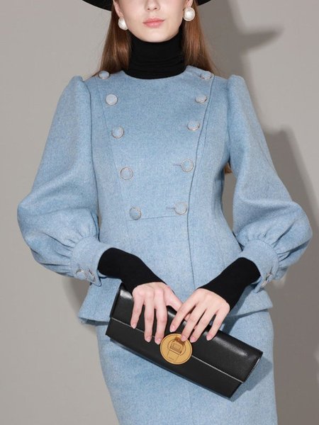 

Buttoned Regular Fit Crew Neck Plain Elegant Balloon Sleeve Jacket, Blue, Jackets