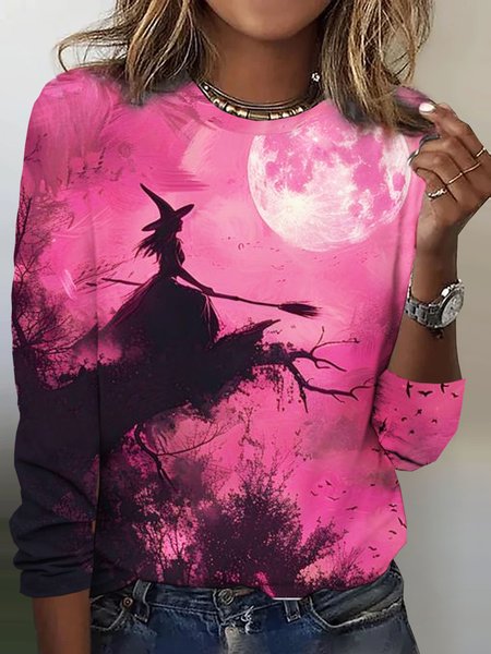 

Witch print round neck T-shirt, Pink, Long sleeves