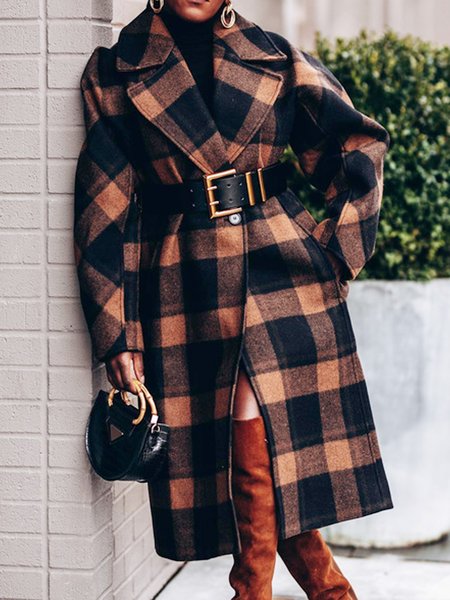

Loose Urban Regular Sleeve Plaid Coat With No Belt, As picture, Coats