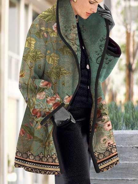 

Women's Floral Regular Loose Jacket, Green, Outerwear