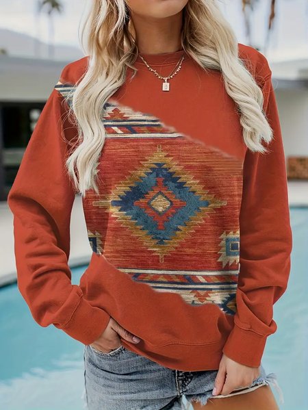 

Loose Vintage Crew Neck Ethnic Geometry Sweatshirt, Brick red, Hoodies&Sweatshirts