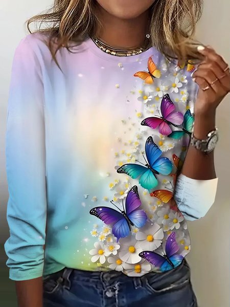 

Casual Butterfly Crew Neck Long Sleeve T-shirt, Blue, T-shirts