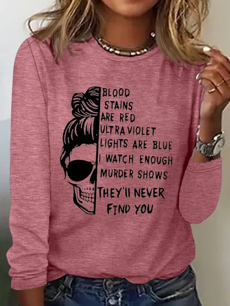 

Skeleton print casual T-shirt, Watermelon, Long sleeves