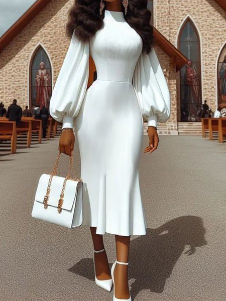 

Stand Collar Plain Elegant Balloon Sleeve Dress, White, Maxi Dresses