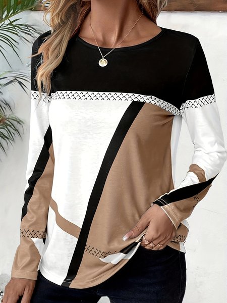 

Women's Long Sleeve Blouse Spring/Fall Plaid Jersey Crew Neck Daily Going Out Casual Top, Khaki, Shirts