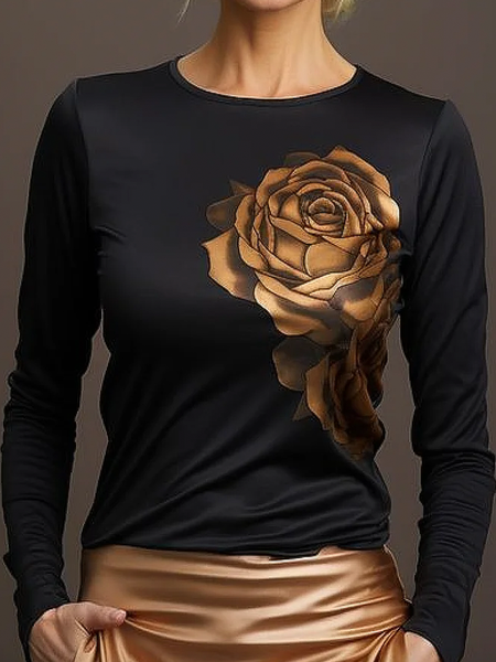 

Plus Size Tight Medium Elasticity Crew Neck Long Sleeve Floral Urban Regular Sleeve T-Shirt, Black, Plus Tops