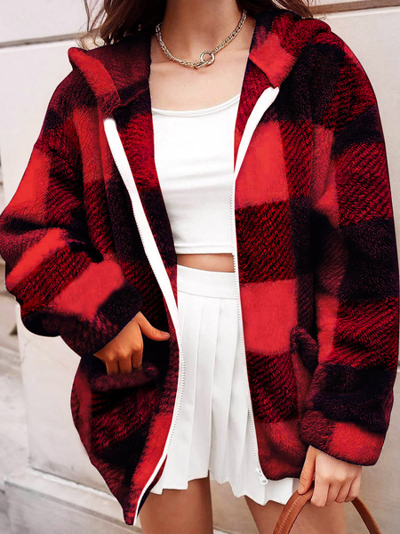 

Women's Winter Outerwear Teddy Velvet Casual Plaid Long Sleeve Hoodie Fleece Coat, Red, Coats