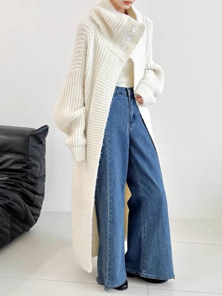 

Long Sleeve Plain Turtleneck Loose Casual Cardigan Sweater, White, Cardigans