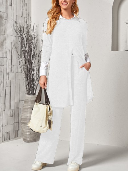 

Women Plain Shawl Collar Long Sleeve Comfy Casual Top With Pants Two-Piece Set, White, Sets