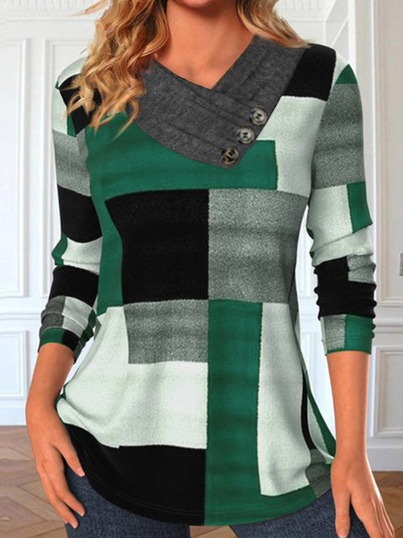

V Neck Long Sleeve Plaid Regular Micro-Elasticity Loose Blouse For Women, Green, Blouses