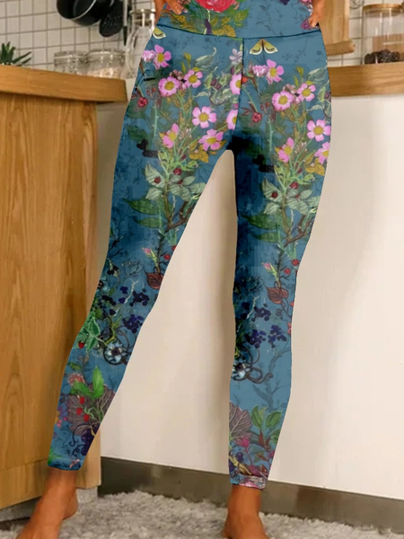 Women's Casual Floral Winter Long Leggings, Green, Leggings