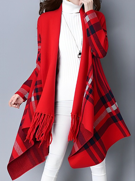 

High Elasticity Loose Regular Sleeve Casual Long Sleeve Tassel Plaid Mid-long Cardigan Sweater, Red, Cardigans