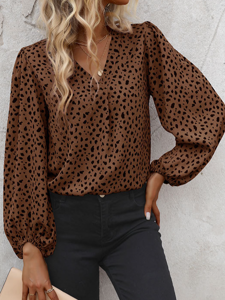 

V Neck Long Sleeve Leopard Regular Micro-Elasticity Loose Blouse For Women, Brown, Blouses