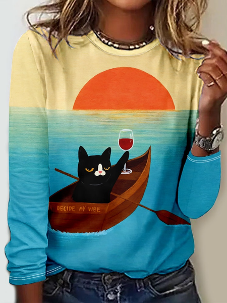 

Funny Cat Casual Regular Fit Crew Neck Ombre Long Sleeve Shirt, Blue, Long sleeves