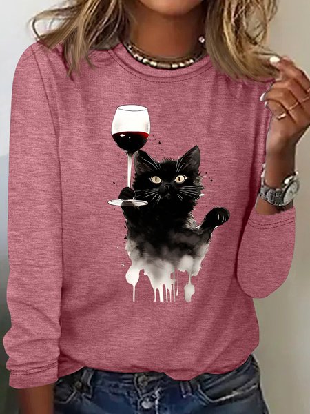 

Cute Cat And Red Wine Casual Long Sleeve Shirt, Watermelon, Long sleeves