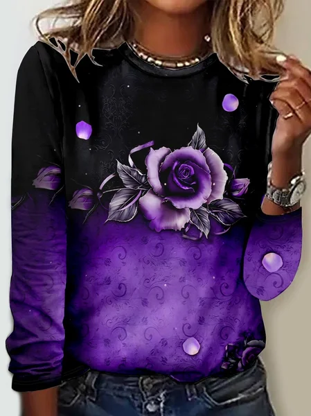 Alzheimer's Casual Crew Neck Floral Long Sleeve Shirt, Purple, Long sleeves