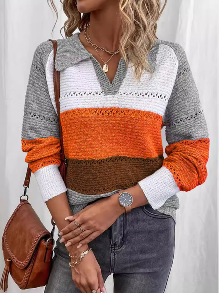 

Women Yarn/Wool Yarn Color Block Long Sleeve Comfy Casual Sweater, Light gray, Sweaters