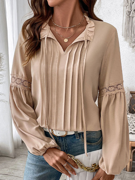 

Long Sleeve Plain Regular Micro-Elasticity Loose Blouse For Women, Khaki, Blouses
