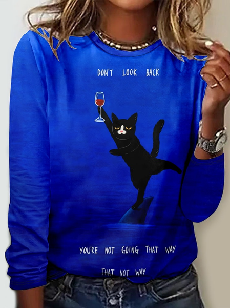Cat Regular Fit Casual Crew Neck Long Sleeve Shirt