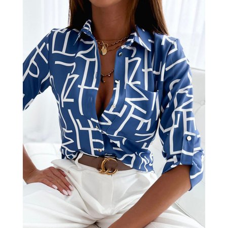 

Women's Long Sleeve Shirt Spring/Fall Geometric Shirt Collar Daily Going Out Casual Top, Blue, Blouses