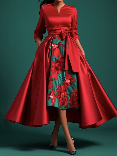 

Regular Fit Urban Regular Sleeve Floral Dress With Belt, Red, Midi Dresses