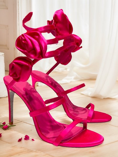

Floral Flocked Elegant Strappy Sandals, Red, Heels