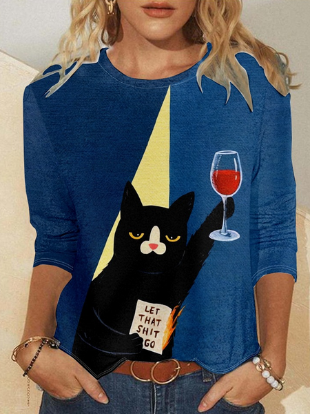 

Cat Christmas Wine Glass Casual Crew Neck Long Sleeve Shirt, Purplish blue, Long sleeves