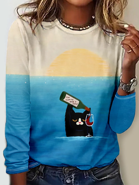 

Casual Cat Crew Neck Long Sleeve Shirt, Blue, Long sleeves