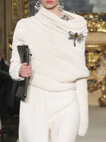 

Elegant Plain Raglan Sleeves Sweater With Brooch, White, Pullovers