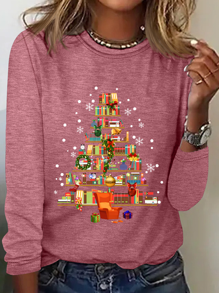 

Christmas Tree Made Of Books Casual Long Sleeve Shirt, Watermelon, Long sleeves
