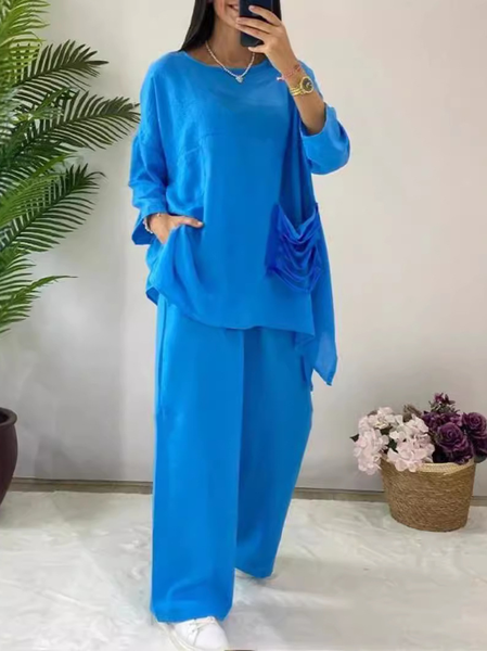 

Women Plain Long Sleeve Comfy Casual Top With Pants Two-Piece Set, Blue, Sets