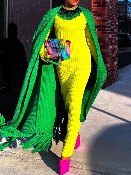 

Regular Sleeve Urban Plain Sweater Maxi Dress, Yellow, Maxi Dresses