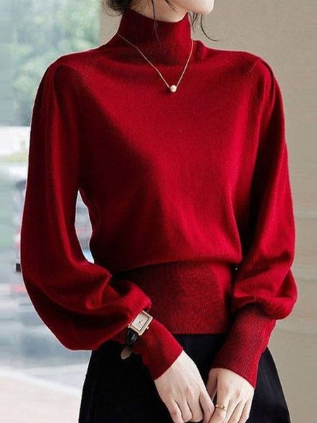 Plain Turtleneck Casual Balloon Sleeve Sweater, Red, Pullovers