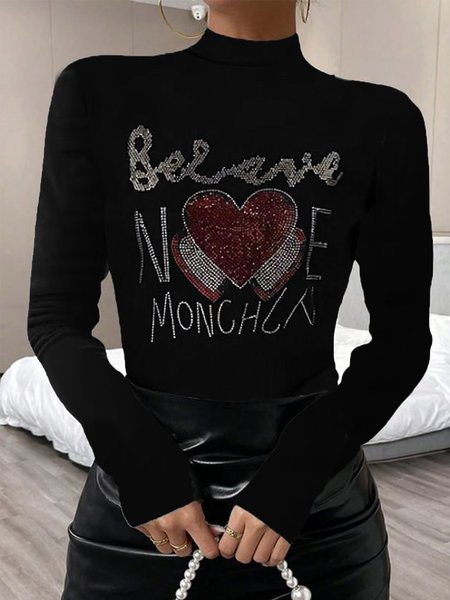

Women's Long Sleeve Blouse Spring/Fall Floral Hot Drilling Mock Neck Daily Going Out Casual Top, Black, Shirts & Blouses