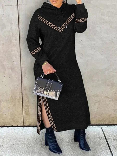 

Regular Sleeve Casual Loose Hoodie Dress, Black, Maxi Dresses