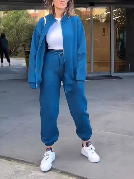 

Women Plain Long Sleeve Comfy Casual Coat With Pants Two-Piece Set, Blue, Sets
