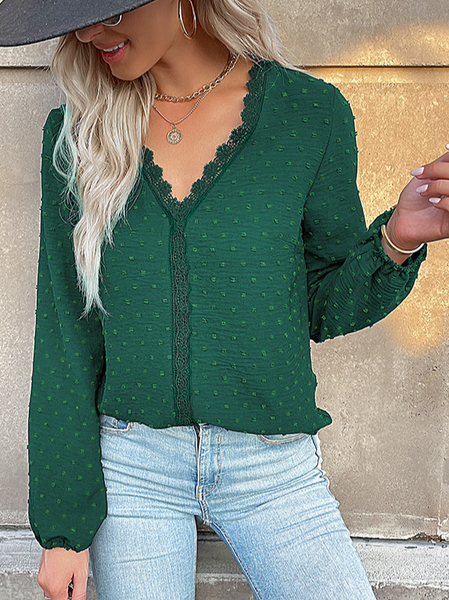 

V Neck Long Sleeve Plain Lace Regular Micro-Elasticity Loose Blouse For Women, Darkgreen, Blouses