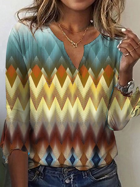 

Women's Three Quarter Sleeve Tee T-shirt Spring/Fall Geometric Jersey V Neck Daily Going Out Casual Top, Yellow, T-Shirts