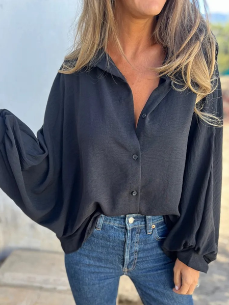 

Shirt Collar Long Sleeve Plain Regular Loose Shirt For Women, Black, Shirts