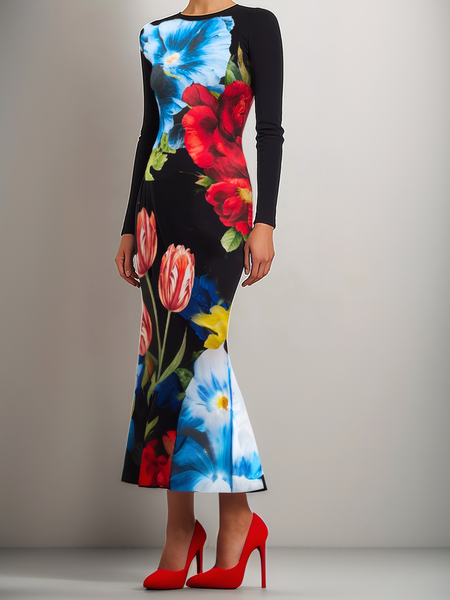 

Elegant Floral Tight Dress, Black, Midi Dresses